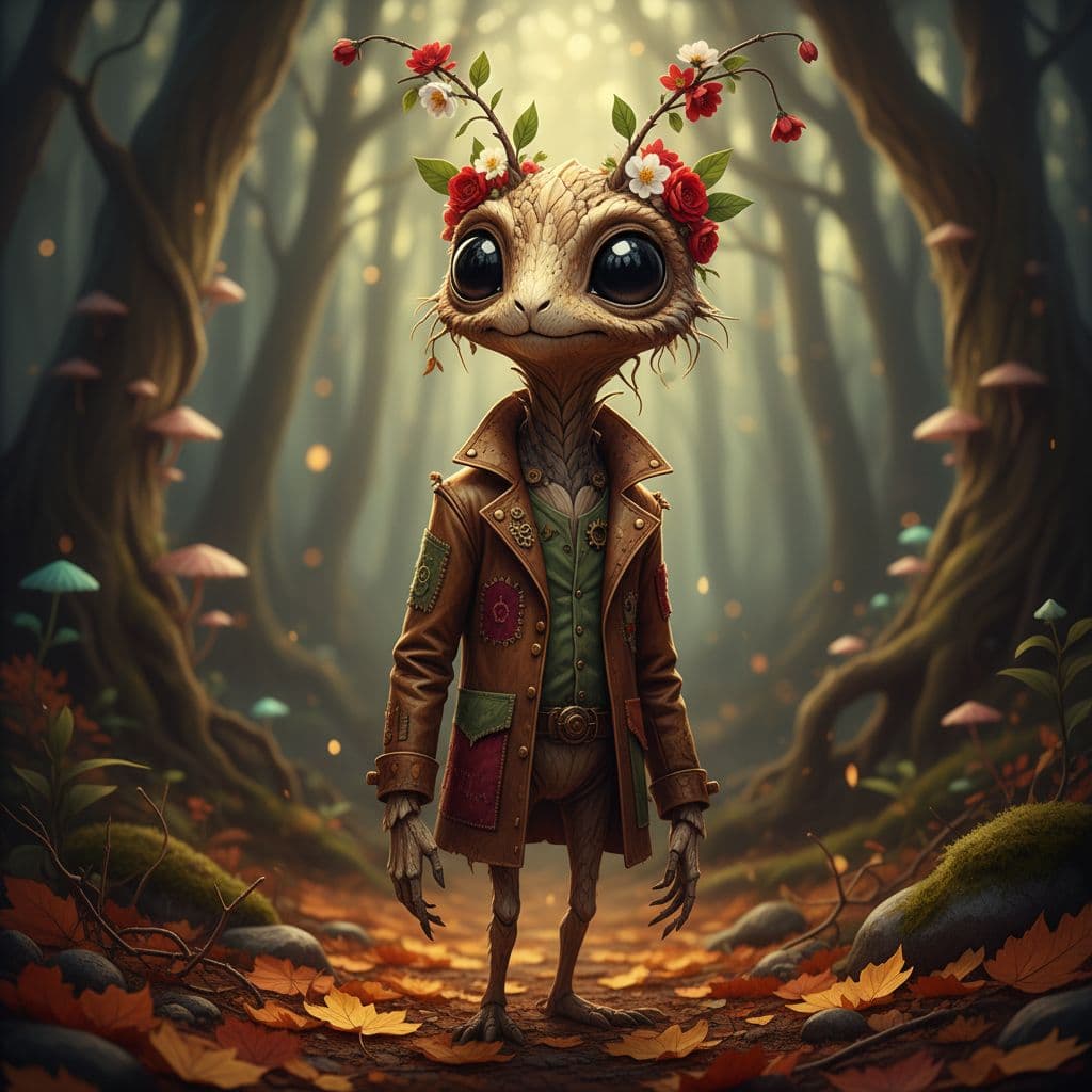 AI generated: photograph of a fantasy creature, anthropomorphic, insect-like, standing in a forest, detailed, real...