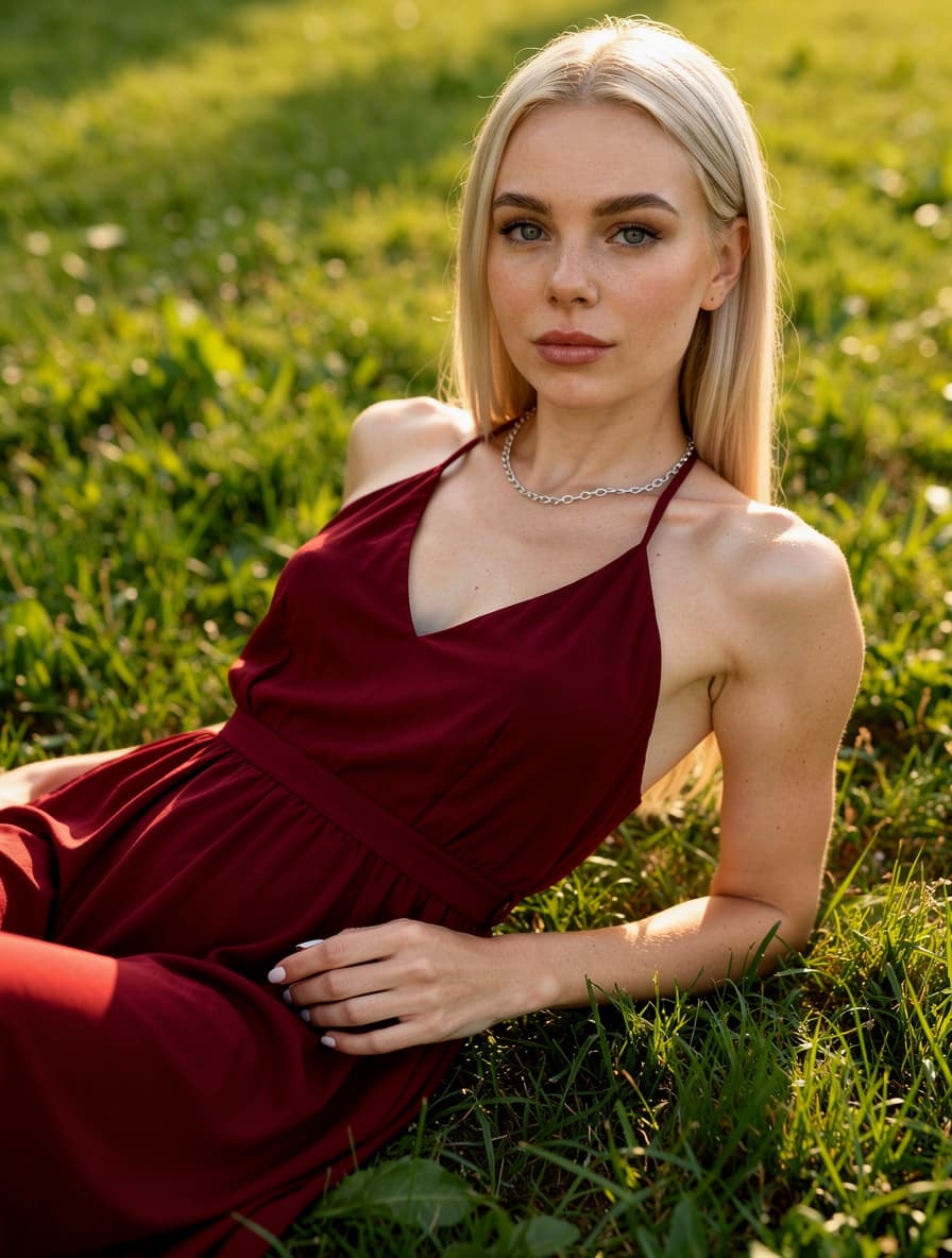 AI generated: Photorealistic full-body portrait of a woman lying on a lush, vibrant green grass field, captured fr...