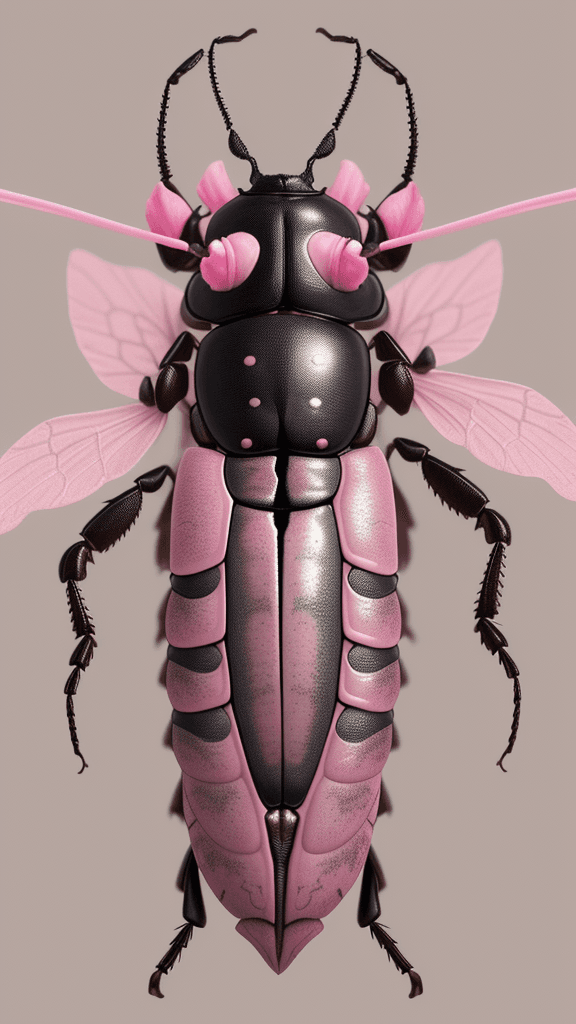AI generated: floral beetle wearing a (long:1.2) pink (scarf:1.3), a beetle with arms and a head, (dark shot:1.17)...