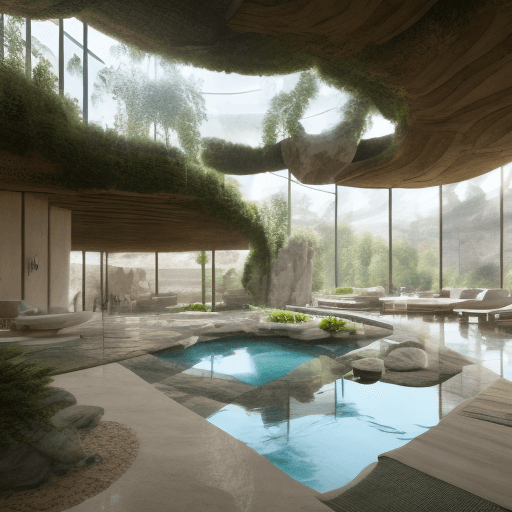 AI generated: High resolution photography interior design, dreamy wellness center, spa, biophilia, water,
traverti...