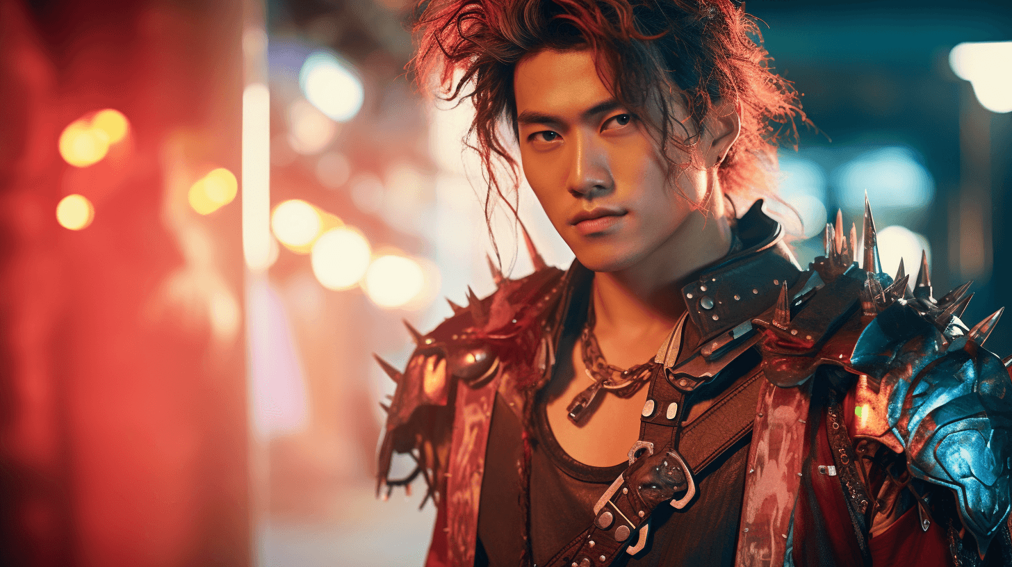 AI generated: handsome korean guy smiling with earrings and cool hair and colorful cyberpunk gladiator armor, 16-3...
