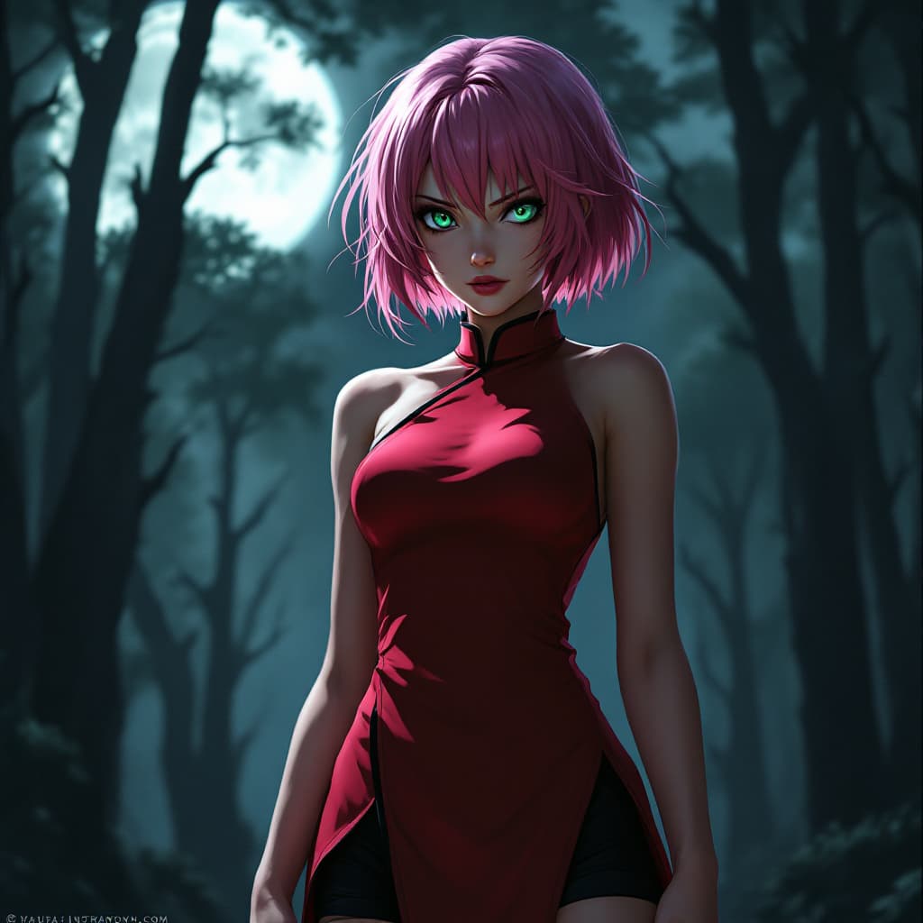 AI generated: Create a stunning photo-realistic image of Sakura from 'Naruto.' She has short, pink hair and striki...