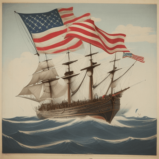 AI generated: a broad with a thumb up flag, cannons two sides with the crew on the sea