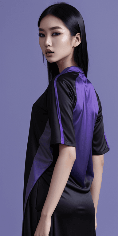AI generated: Asian model, purple and blue background, black clothes --ar 9:16 --s 250