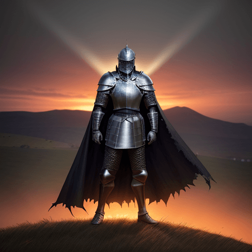 AI generated: A medieval knight in detailed, dark black armor with worn metallic highlights stands on a grassy hil...