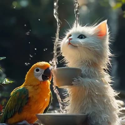 AI generated video: Cat and parrot enjoy water fall, they get wet are happy playing in water , camera motion but focus o...