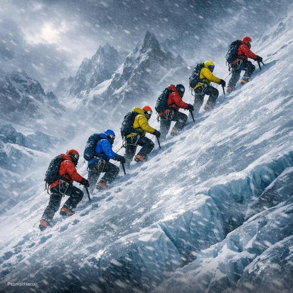 AI generated: Seven climbers ascending a massive icy mountain, forming a diagonal line across a steep frozen slope...