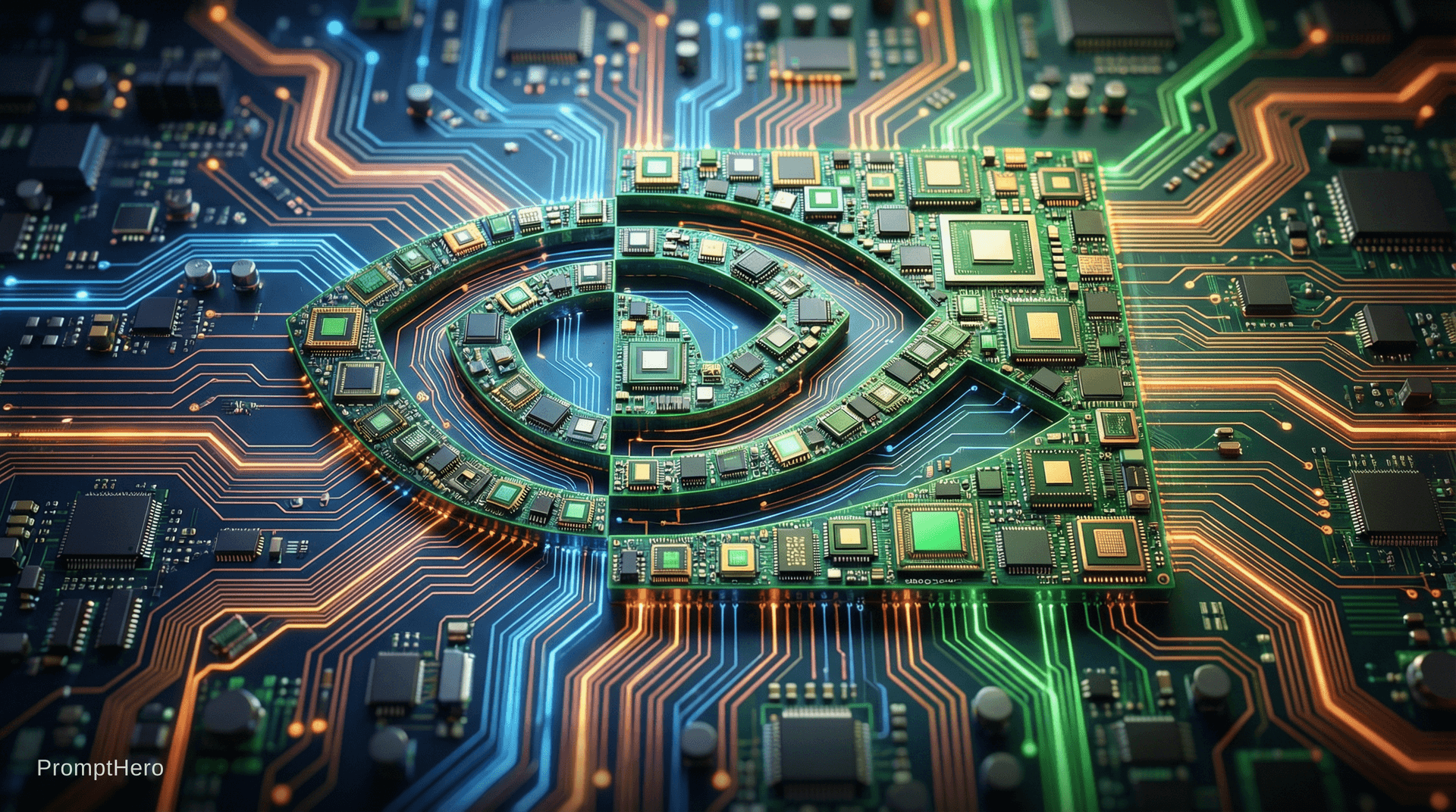 AI generated: the nvidia logo made from computer chips on a motherboard with circuits flowing into the logo

