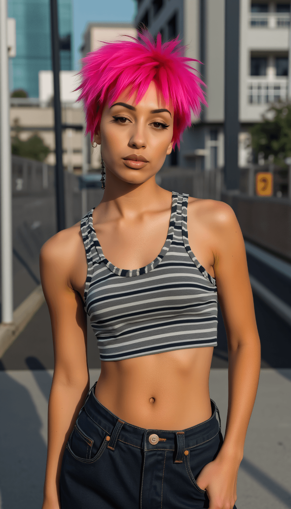 AI generated: chstyv2 Athletic woman with short spiky hot pink hair, striped crop top, baggy jeans, toned stomach,...