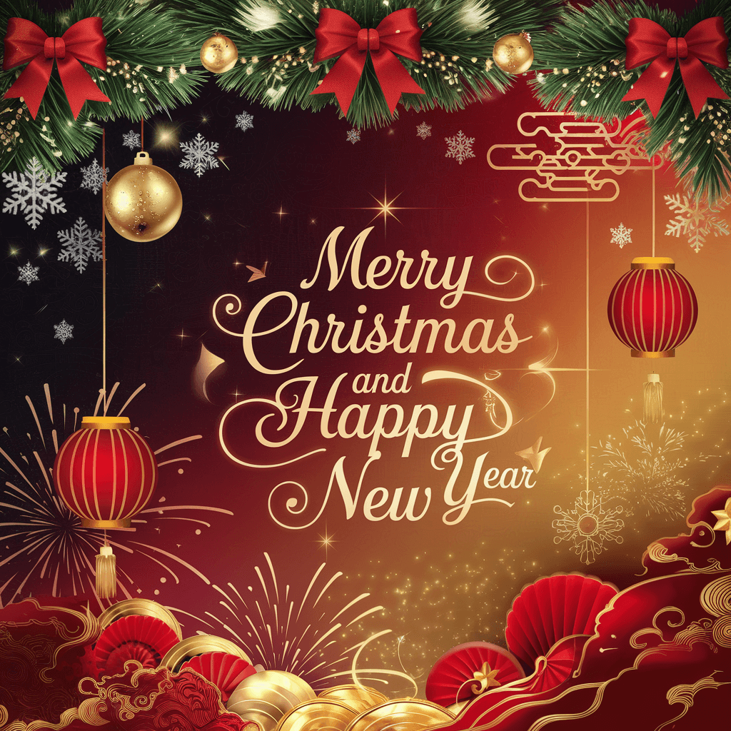 AI generated: A vibrant and festive poster featuring the English words 'Merry Christmas and Happy New Year' in ele...
