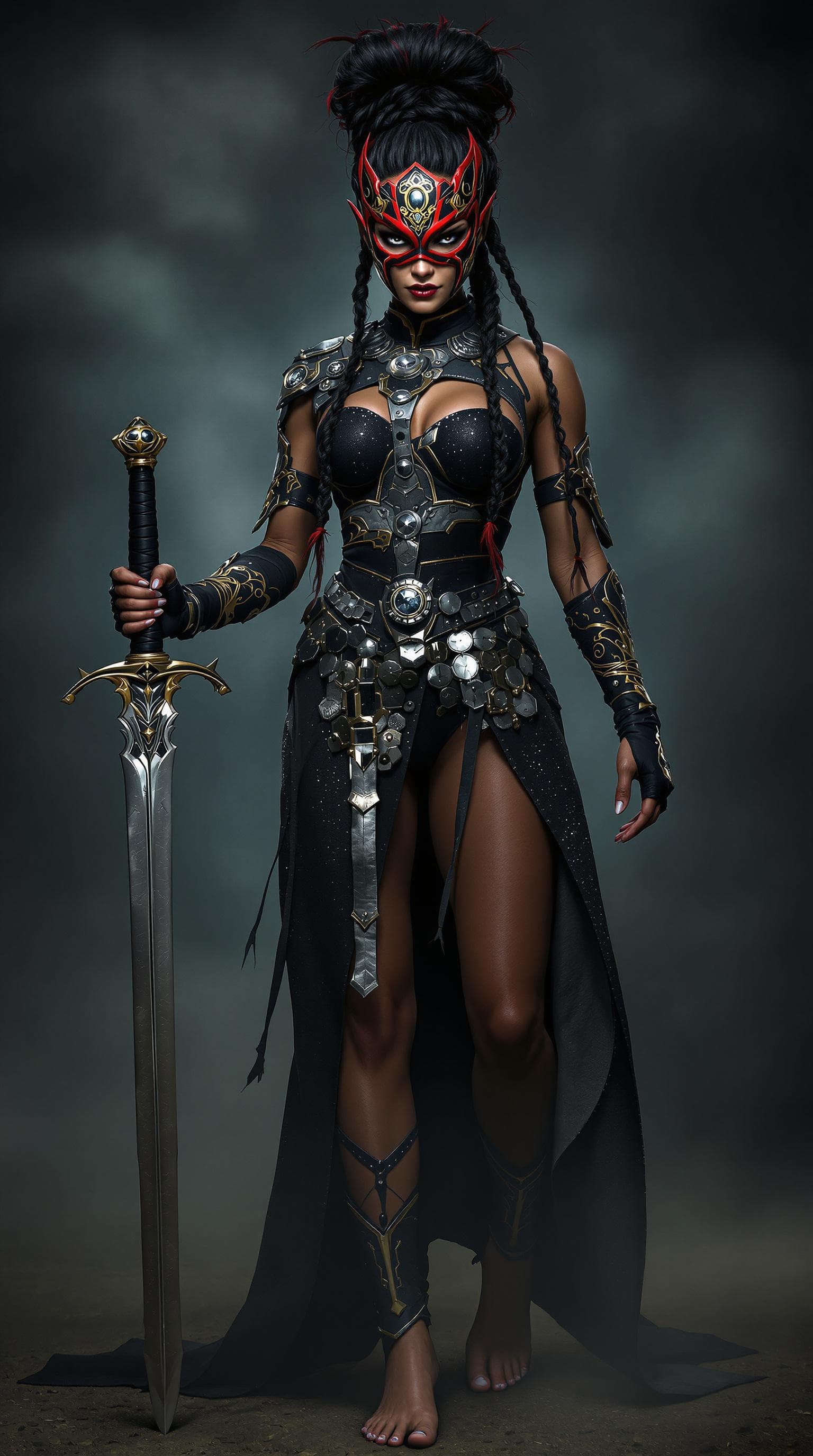 AI generated: Full-length portrait of a fierce female warrior with intense, striking eyes, wearing an elaborate bl...