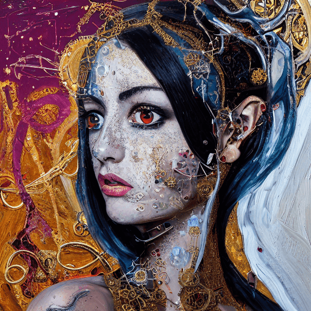 AI generated: Oil painting, high resolution 8k, Pollock master painter, Byzantine artwork, 
young lady close up bl...