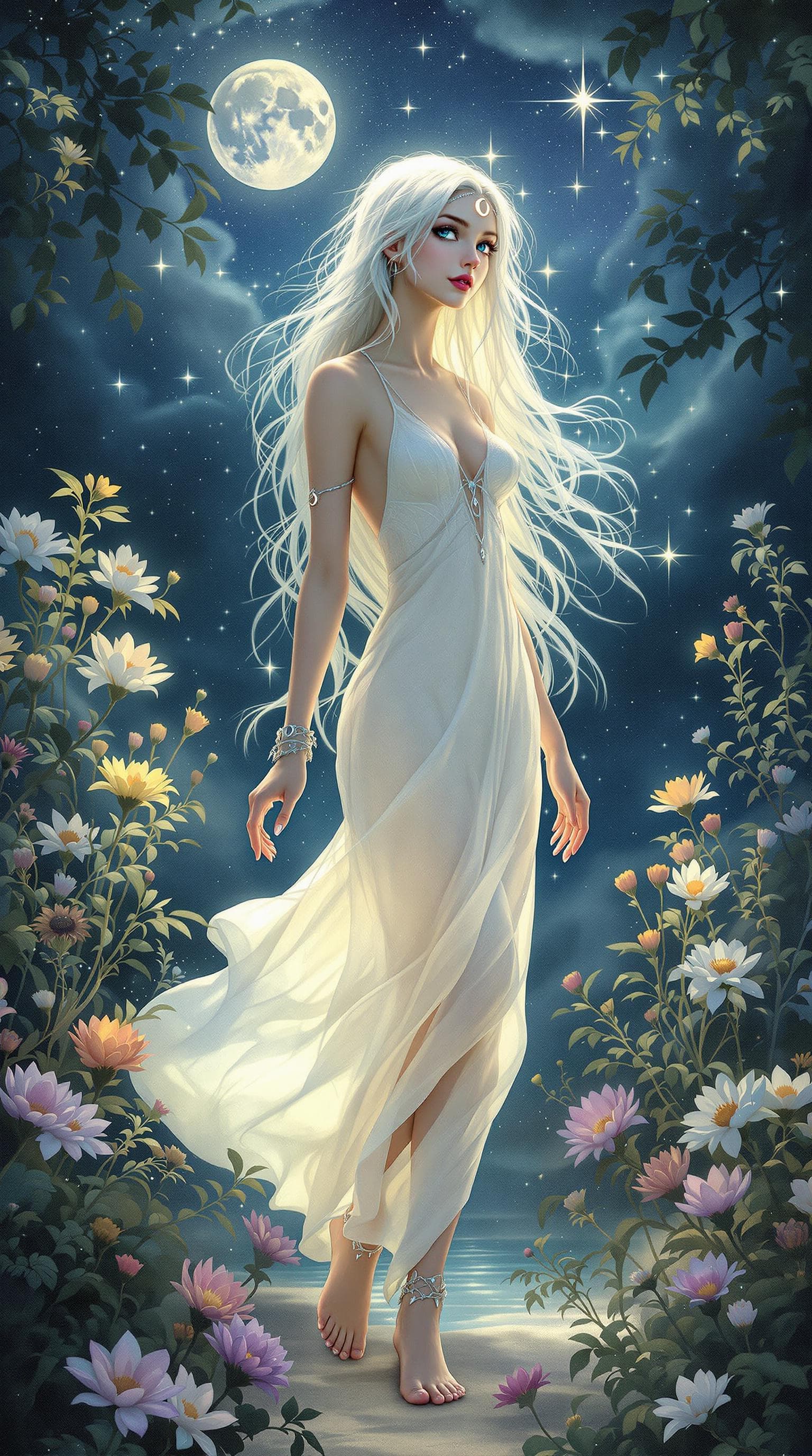 AI generated: A pretty, serene dreamwalker with a slender form and ethereal grace, her wide, innocent blue eyes re...