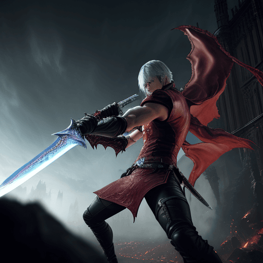 AI generated: photography of dante from devil may cry 3 fighting a demon using sword and gun, photorealistic, dyna...