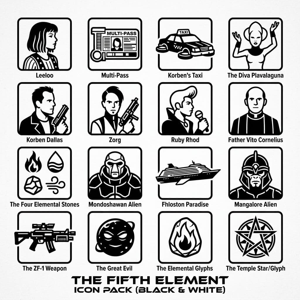 AI generated: Based on The Fifth Element, generate an icon pack in black and white with separate icons that relate...