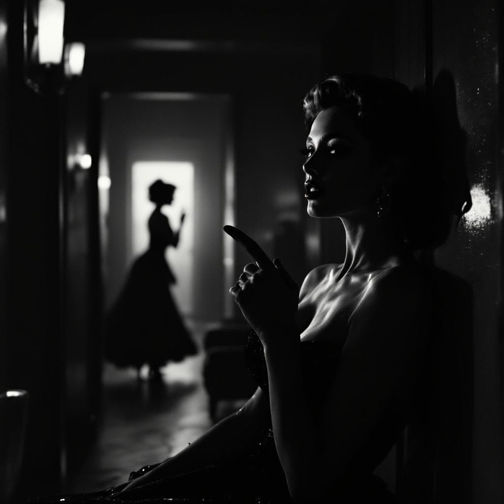 AI generated: 1950s showgirl in backstage lounge leans intimately toward camera in close-up, pointing finger becko...