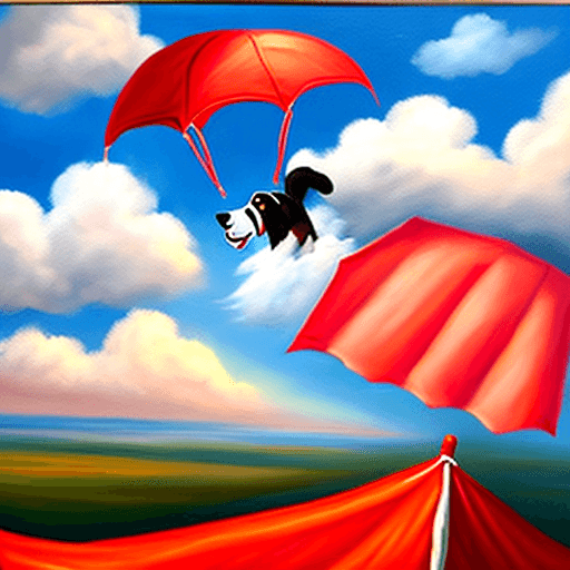 AI generated: Falling happy dog attached to a red parachute amidst sunny clouds.
Style: oil painting