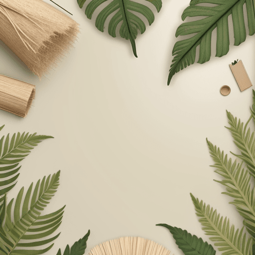 AI generated: Flat lay, materialboard, printed fern wallpaper, fuzzy beige pampas grass