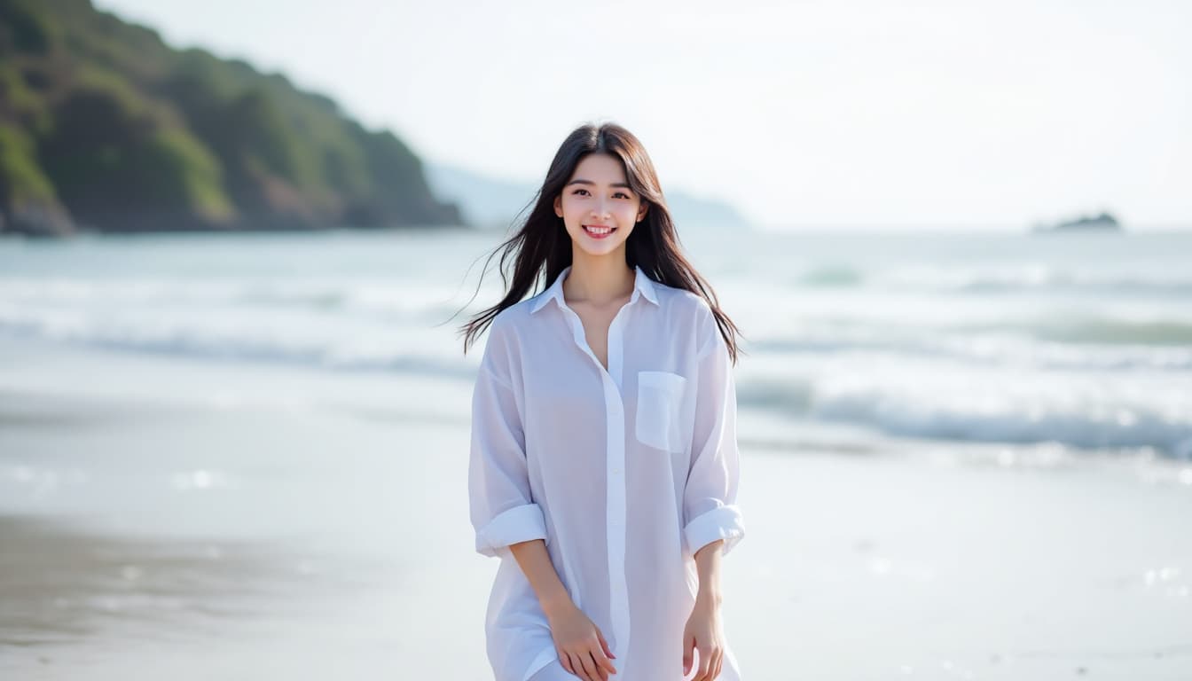 AI generated: Full body photo of Risa, a Japanese girl, wearing a loose, thin white shirt, little smile, black bro...