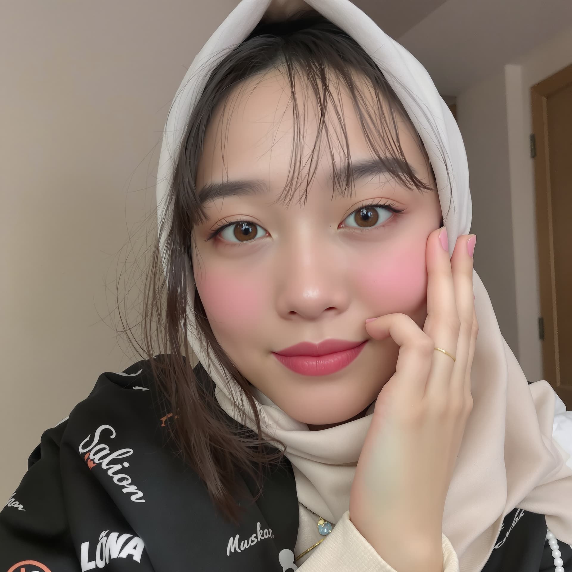 AI generated: The Selfie, Close view face, Attractive 27-year-old sad woman, Long bang hiar style, large light mil...