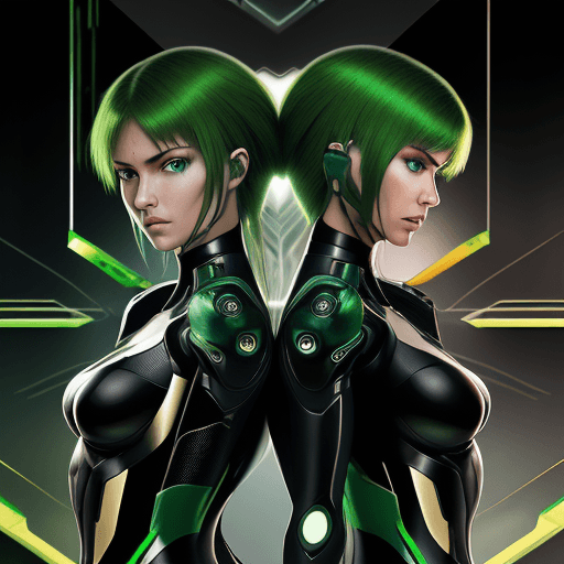 AI generated: Cybernetics, action movie protagonist, cross-cutting scenes of two women, emerald green eyes, strawb...