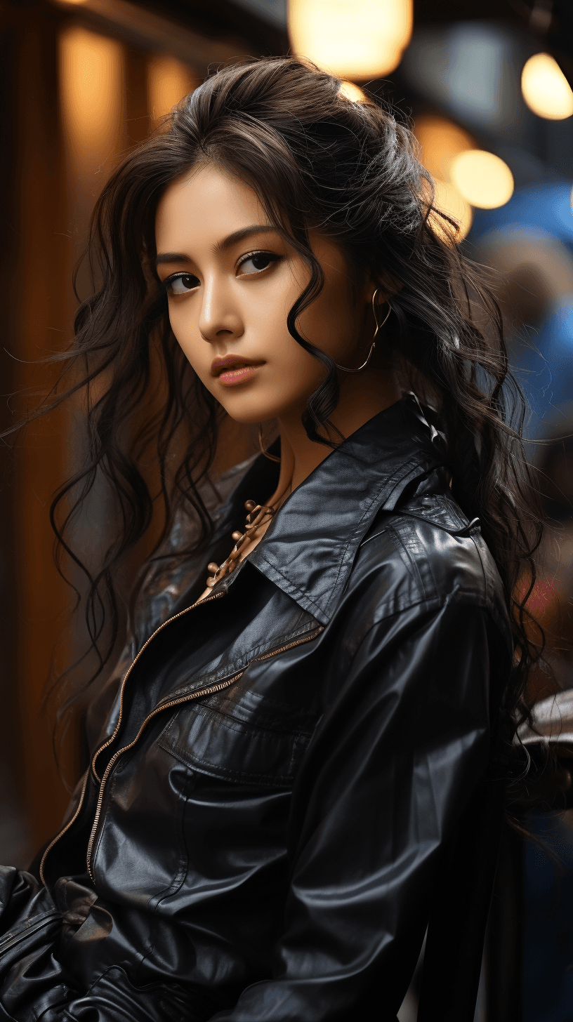 AI generated: a beautiful Asian female posing in a leather jacket, in the style of anime aesthetic, uniformly stag...