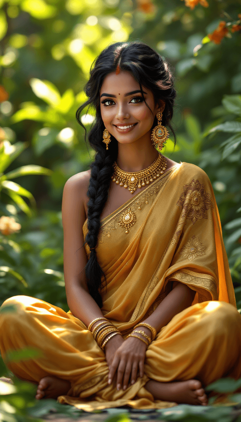 AI generated: full body view of A beautiful Indian woman with flawless bronze skin, barefoot, expressive almond-sh...