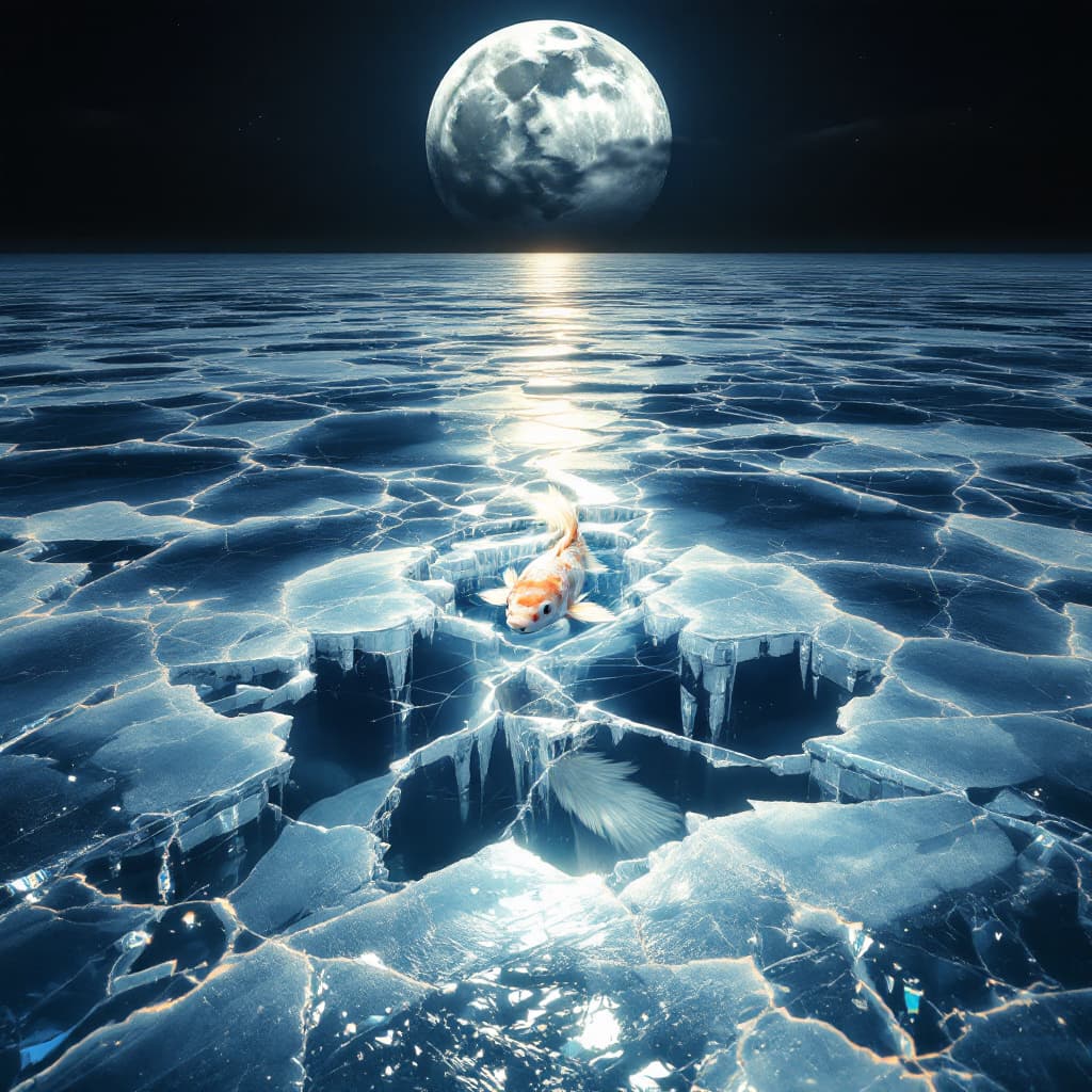 AI generated: looking straight  down on a highly reflective ice on lake which greatly fractured showing the full m...