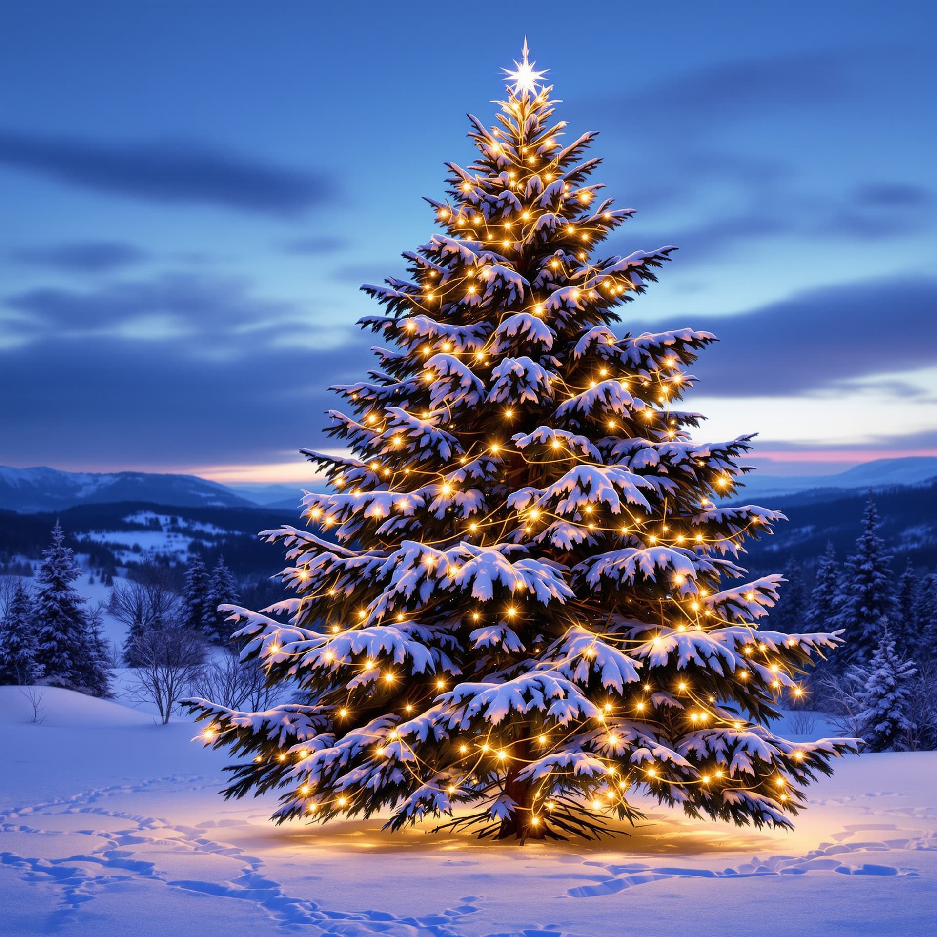 AI generated: A majestic evergreen tree standing tall in a serene winter landscape, its branches dusted with fresh...