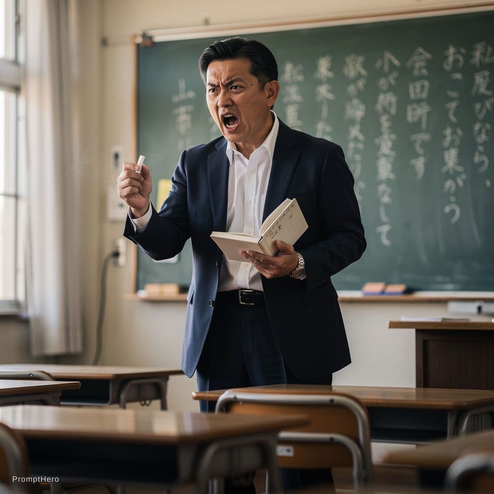 AI generated: A Japanese teacher stood angry on the podium. The picture was 4:5, with clear details and clear dept...