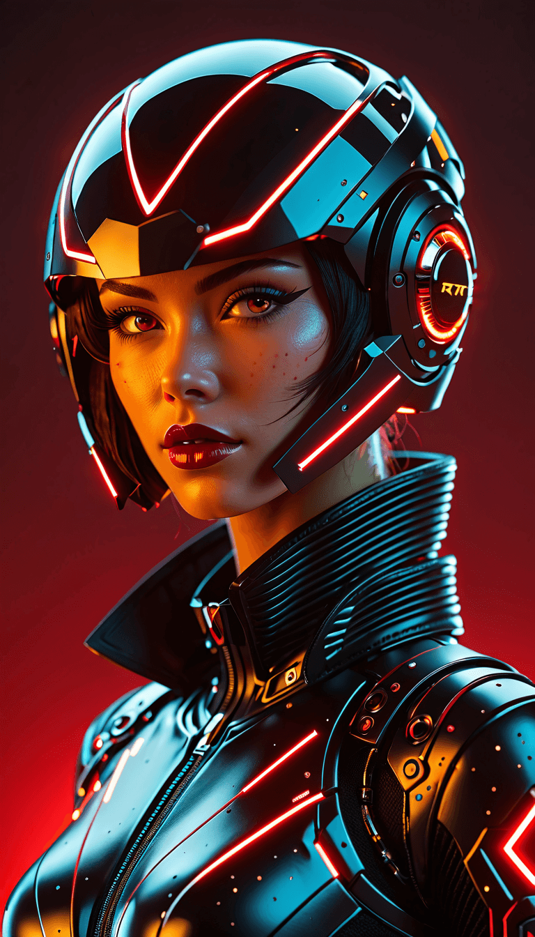 AI generated: Futuristic cyborg girl featuring a captivating cybernetic helmet adorned with vibrant triangular red...