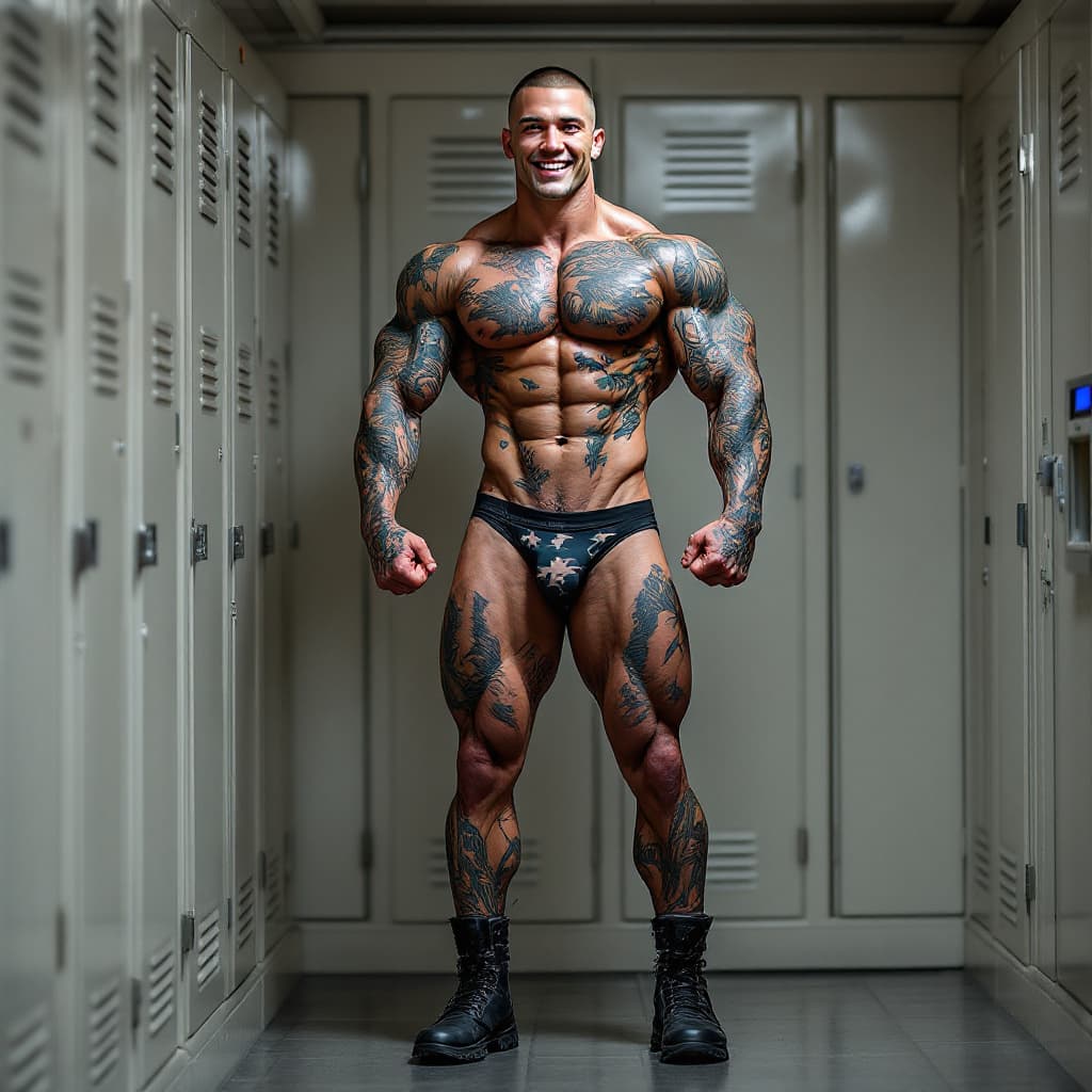 AI generated: Full body image, young tall army muscle, heavily tattooed, slim face, chiseled jawline, shaved head,...