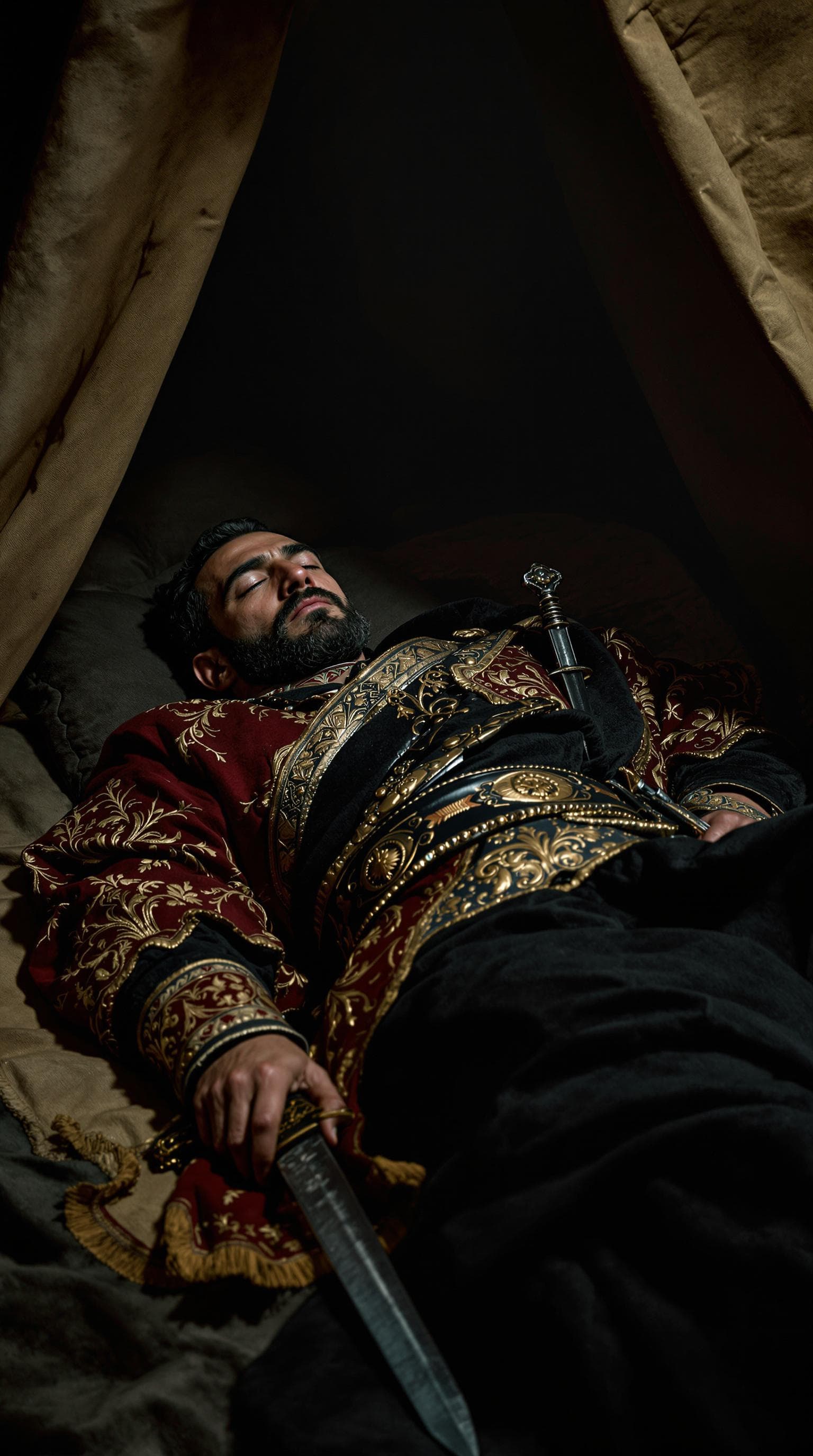 AI generated: Nader Shah Afshar, now 60 years old, lies within a canvas tent, his face marked with the deep lines ...