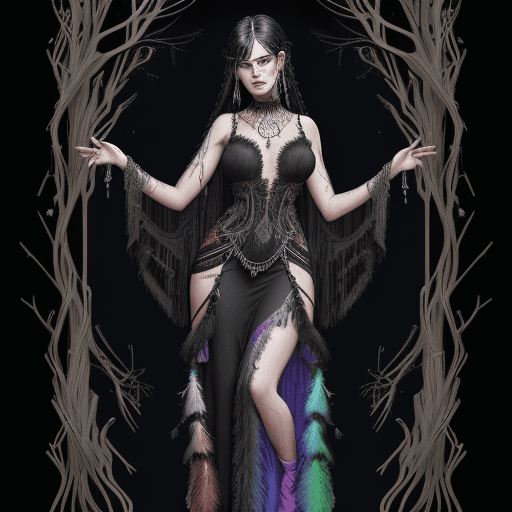 AI generated: Full body detailed portrait of Steamgothicwood villain woman, flowing maxi dress with lace and fring...