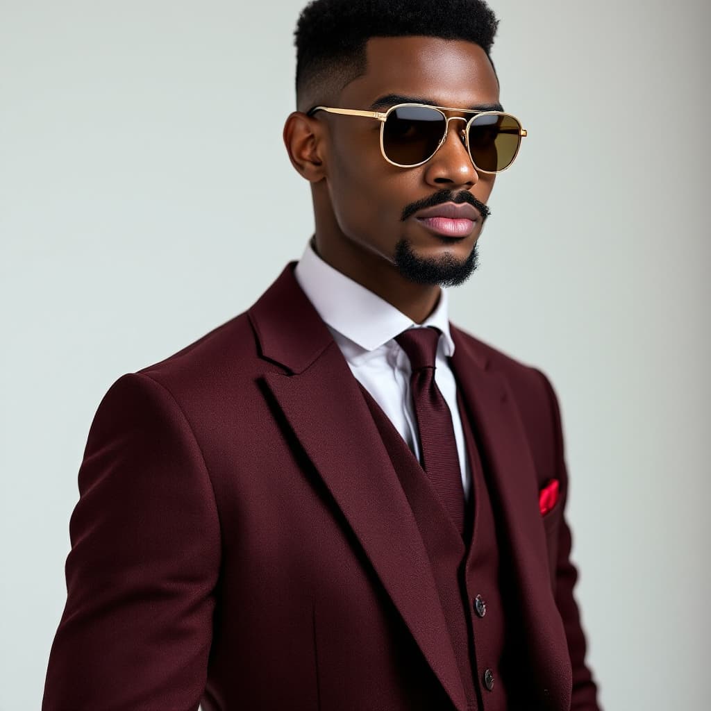 AI generated: A young African  man with moustache and sun glasses dressed in a three piece suit maroon in colour 