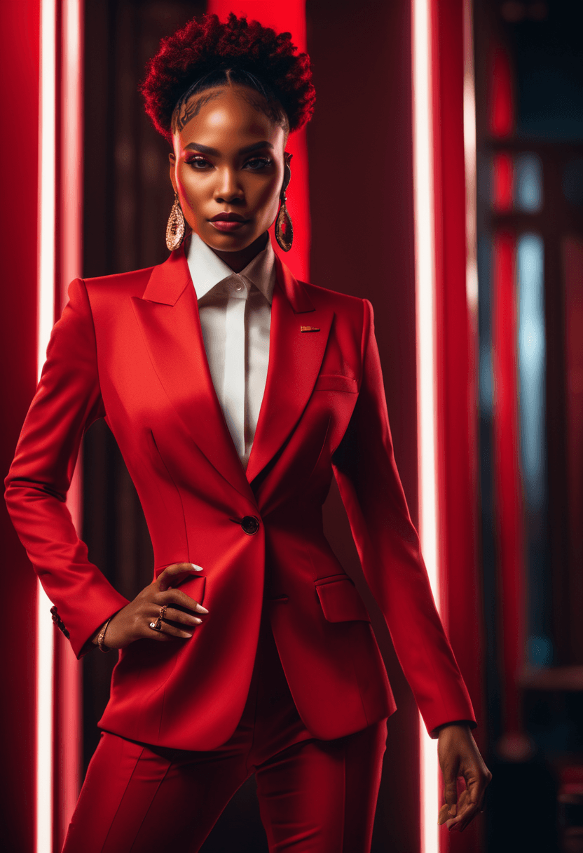 AI generated: full body, reflector shot of young black woman, fit body, Nikon Z9, red color grading, wearing suit ...