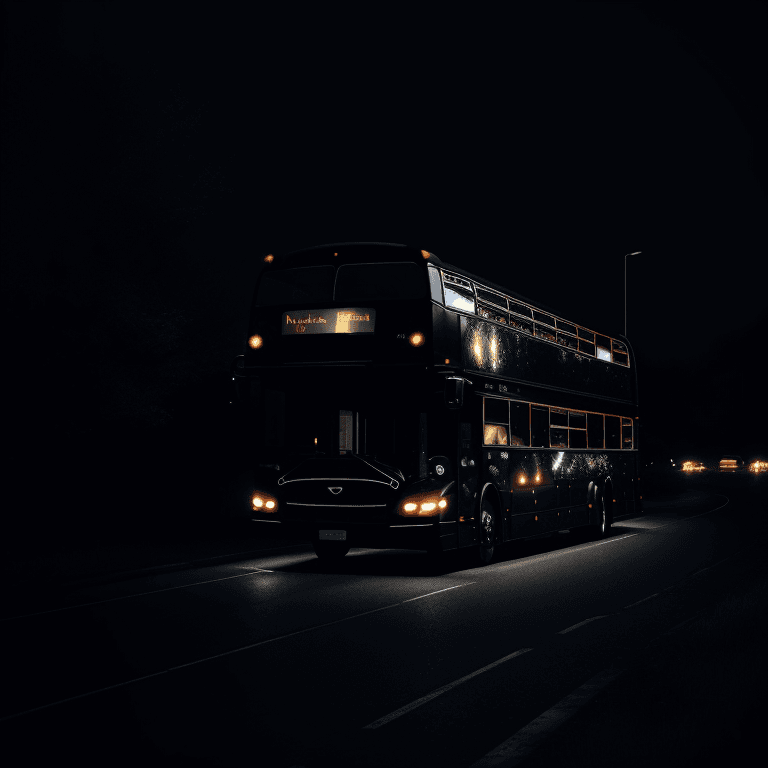 AI generated: A mid-shot of a dark and mysterious bus in the middle of the night --q 2 --s 750