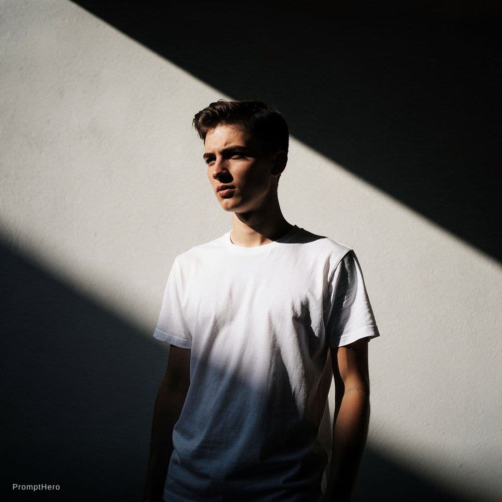 AI generated: high-resolution photograph, young man, stunning use of shadows, in the syle of crisp lines and forms...