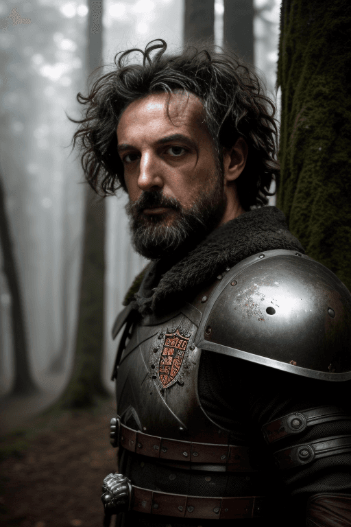 AI generated: an old ateampunk knight, very long bread, looking at camera, dark and foggy woods, detailed face, de...