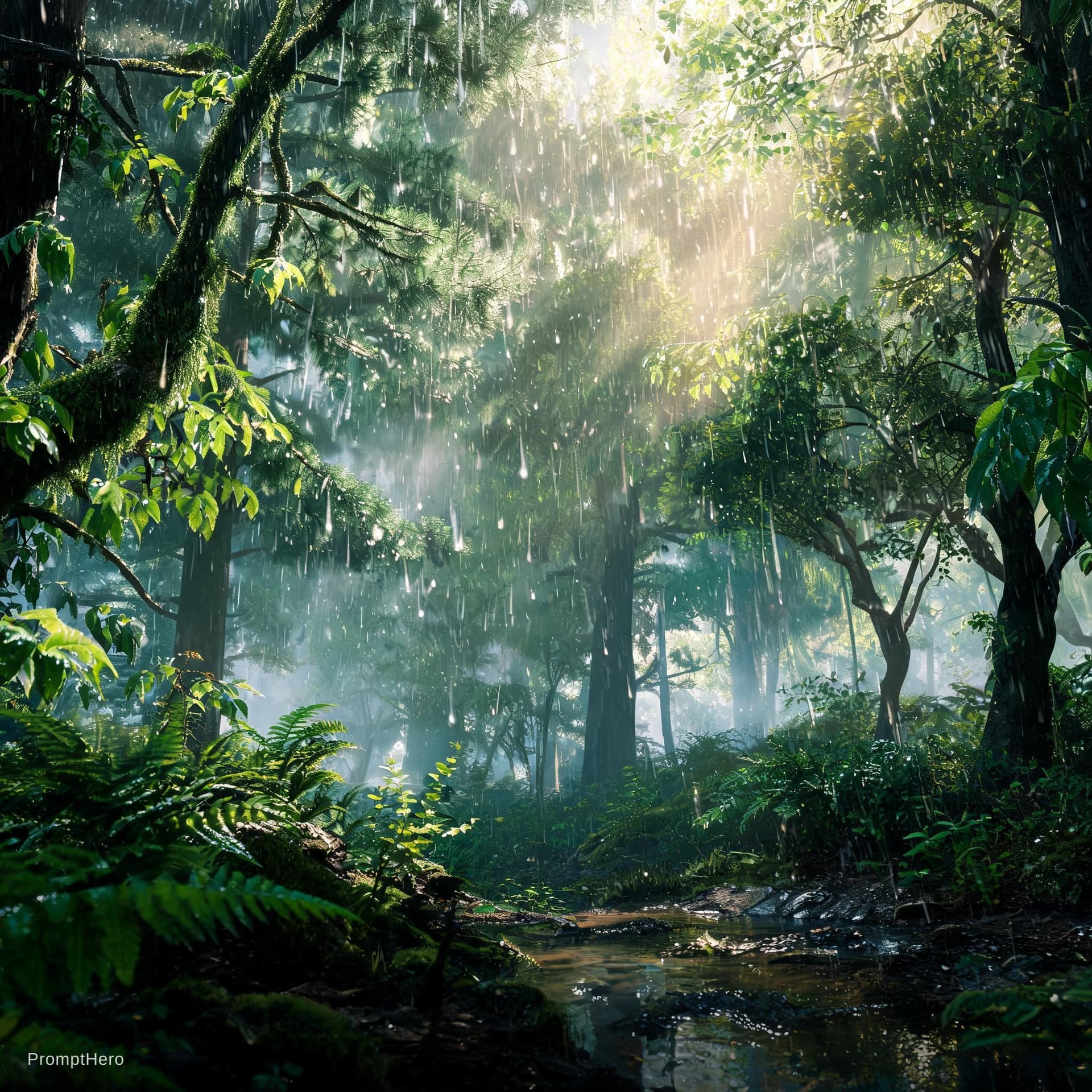 AI generated: a beautiful forest, falling rain
