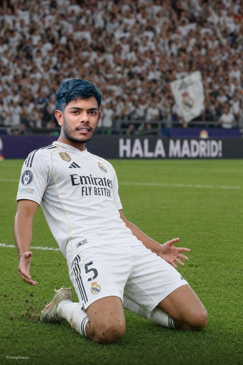 AI generated: Convert.y picture into wearing real Madrid full kit and sliding with knee same to same plz