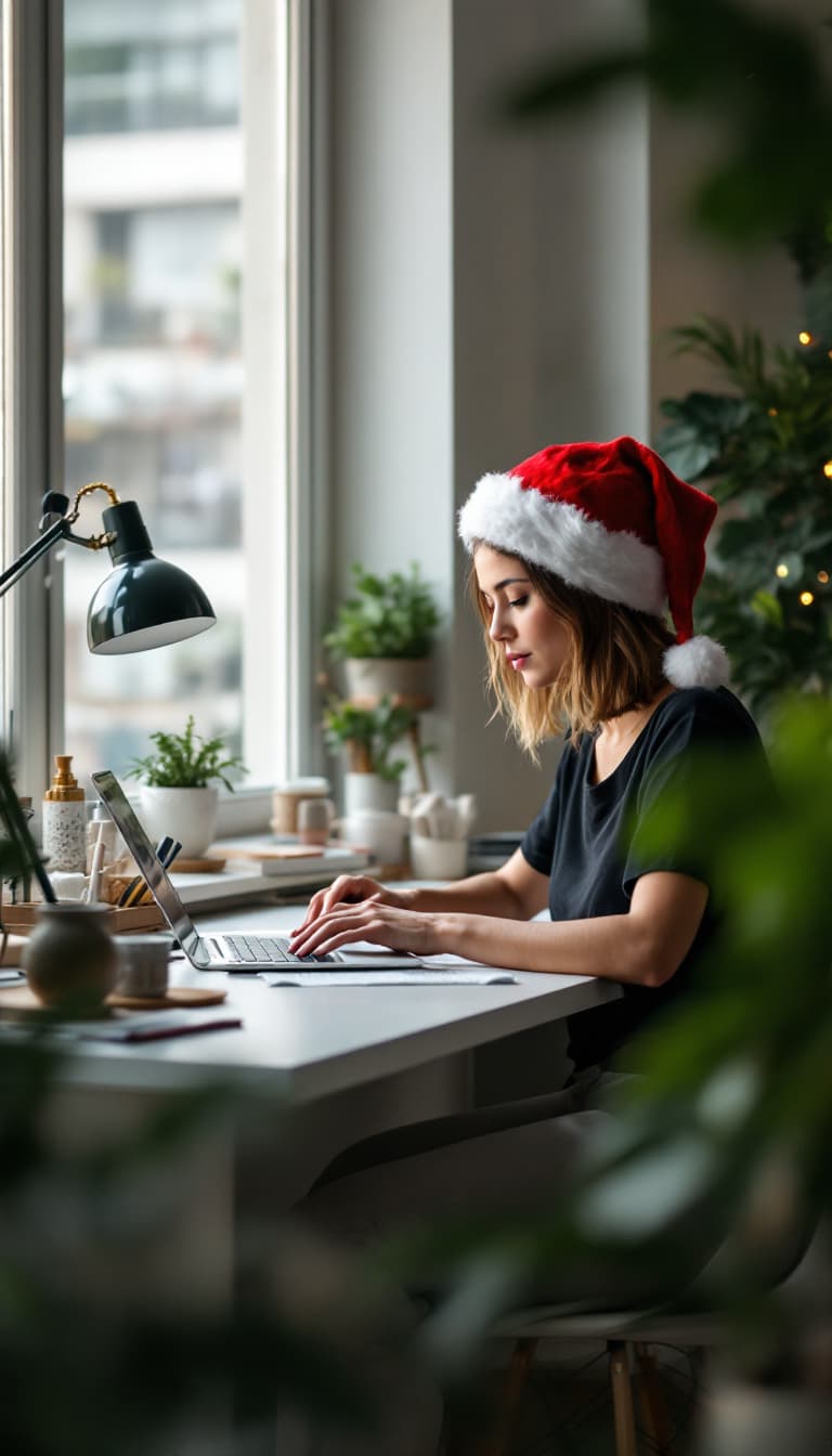 AI generated: modern, minimalist workspace, focused designer woman at a white desk, wearing santa claus hat, Chris...