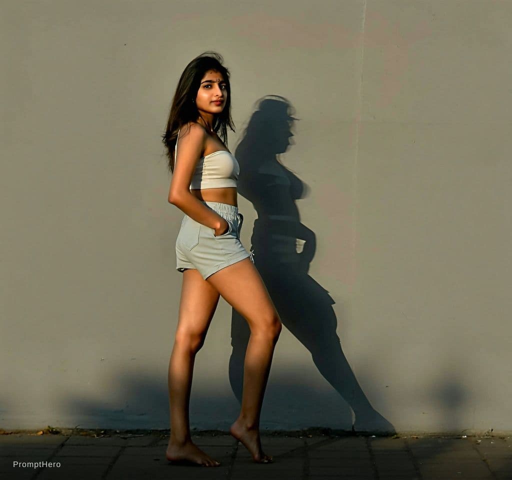 AI generated: Indian girl, aged 25, tall , little bit chubby, thick thigh, wears bra and tight shorts, glowing whi...