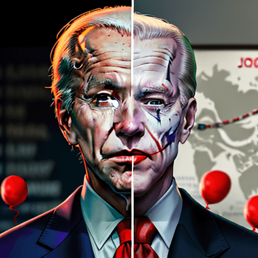 AI generated: close up of president joe biden dressed as the joker, as he watches a red balloon that reads "Chyna ...