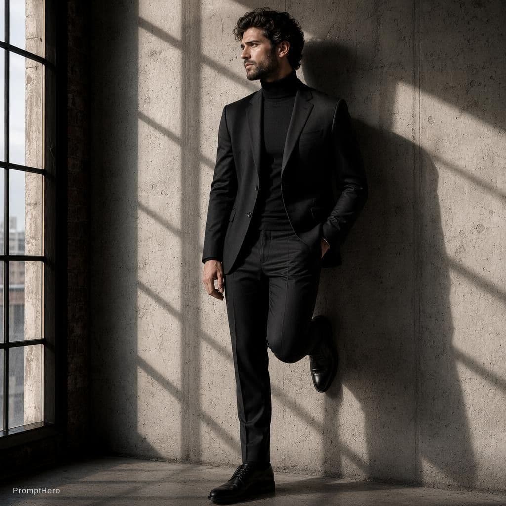 AI generated: this as A man in a tailored black
blazer and turtleneck stands against a
concrete wall. One foot u...