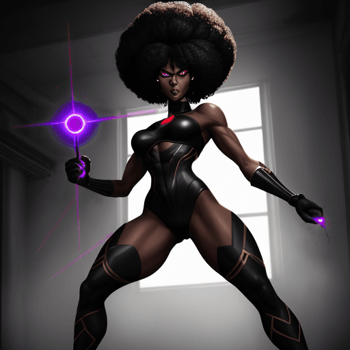 AI generated: a 6 foot tall fit black girl  with abs and an afro,  hairstyle wearing a dark villainess costume she...