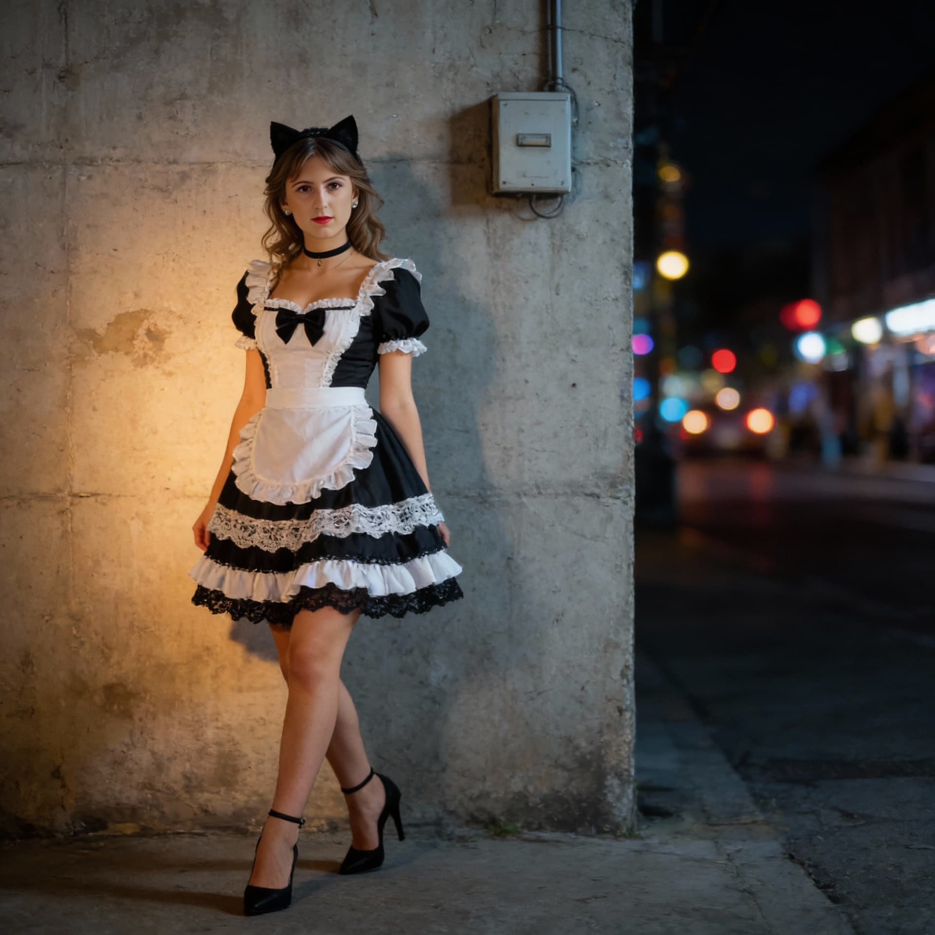 AI generated: A full-body photograph of a young woman in a French maid costume standing against a concrete wall at...