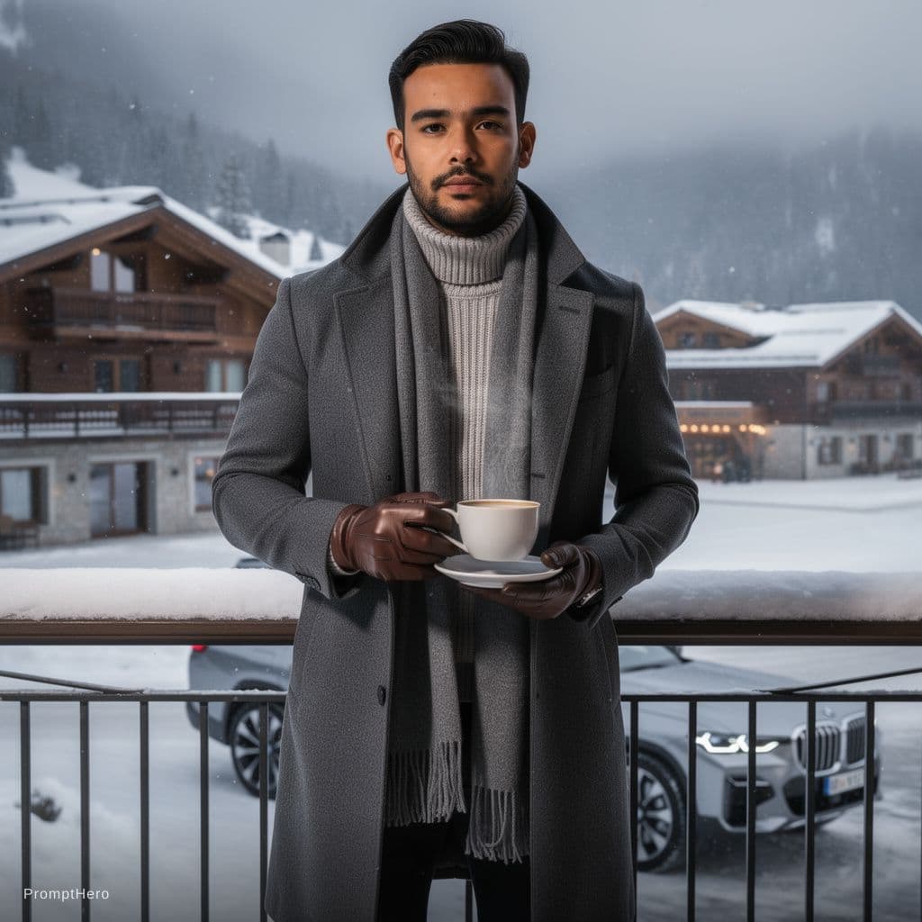 AI generated: A hyper detailed cinematic scene featuring use uploaded face 100% as reference as a winter luxury co...