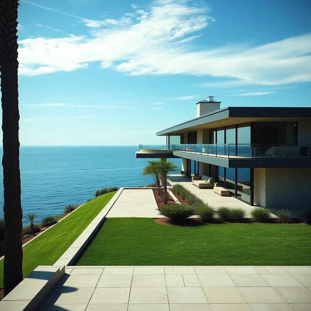 AI generated: Hyper realistic eye level exterior photo of a mid century modern style house overlooking the ocean, ...