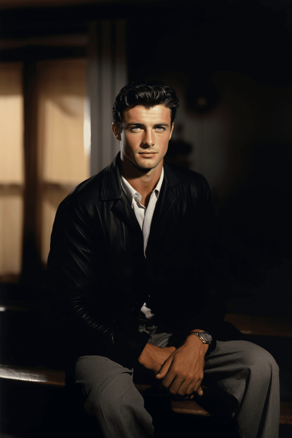 AI generated: hollywood, black wavy hair, muscular, standing, perfect eyes, perfect face, colorized, actor man, ha...